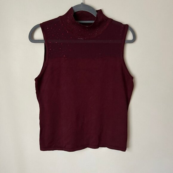 Carmen Marc Valvo Tops - Carmen Marc Valvo Burgundy Sleeveless High-Neck Jewel Embellished Knit Top XL